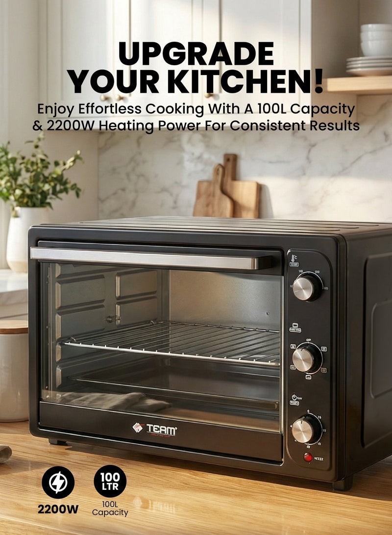 TEAM Deluxe Electric Oven 100L | 2200W Large Capacity Countertop Oven with Rotisserie & Convection | Adjustable Temperature 100°C–250°C | 5 Cooking Modes | Inner Light | Accessories Included - Image 5